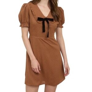 Blu Pepper Polka Dot Mini Dress Women Large Brown Velvet Bow Peter Pan Collar